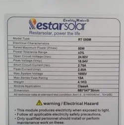 پنل خورشیدی 50 وات مونوکریستال رستار مدل RT050M
