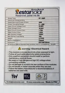 پنل خورشیدی 30 وات پلی کریستال Restar مدل RT030-P