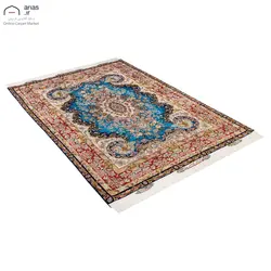 فرش دستباف سه متری چله حاشیه کف ابریشم طرح موج مهر زمینه آبی بافت تبریز کد D02424T