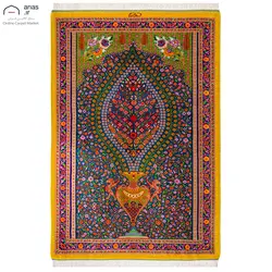فرش دستباف ۶۰ در ۹۰ تمام ابریشم طرح گلدانی حاشیه طلایی مارک عربلو کد D02635G