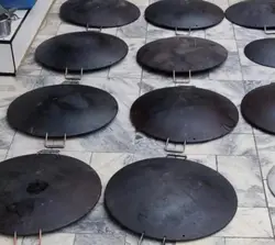 ساج چدنی 44 سانتی دسته دار ساج نان پزی چدن خالص بدون روکش شیمیایی (ساچ روسی ظرف چدنی) ظروف کوهنوردی و طبیعتگردی و ظروف سفری | ساج ووک چدنی تابه ووک چدنی . ماهیتابه چدنی . قابلمه چدنی