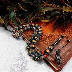 تسبیح یسر 33 مهره نقره کوب با مرصع کاری کهربا | تسبیح اصل | تسبیح اورجینال | تسبیح صلوات | تسبیح متبرک | تسبیح آنتیک و کلکسیونی و عتیقه | تسبیح طبیعی | تسبیح فاخر | هدیه روز پدر | تسبیح دست ساز