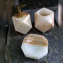 ست سرویس بهداشتی سنگی طرح فانتزی سه تکه (جامایع دستشویی و جامسواک و جا صابونی 8 ضلعی) | هدیه تولد | جهیزیه عروس | کادویی | ظروف سنگی آقای سنگی | ظروف آنتیک و کلکسیونی