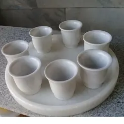 سِت قهوه خوری سنگی و یا چای خوری سینی و فنجان سنگی سفید زیبا | هدیه تولد | جهیزیه عروس | کادویی | ظروف سنگی آقای سنگی | ظروف آنتیک و کلکسیونی