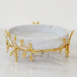 ظرف سنگی میوه خوری سنگی قطر 30 سانت پایه برگ برنجی قابل سفارش با رنگ مشکی و سفید | ظروف سنگی آقای سنگی | هدیه تولد | جهیزیه عروس | کادویی | ظروف آنتیک و کلکسیونی