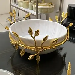 کاسه سنگی آجیل خوری سنگی پایه برگ برنجی قطر 20 سانت | هدیه تولد | جهیزیه عروس | کادویی | ظروف سنگی آقای سنگی | ظروف آنتیک و کلکسیونی