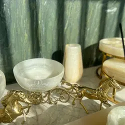 آجیل خوری سنگی کالسکه اسب برنجی با کاسه قطر 20 | هدیه تولد | ظروف سنگی آقای سنگی | جهیزیه عروس