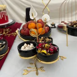 ظروف سنگی سرویس پذیرایی گل شیپوری سنگ مشکی شامل میوه شیرینی خوری سنگی سینی سنگی دمنوش اردو استند | ظروف سنگی آقای سنگی | هدیه تولد | خرید جهیزیه عروس