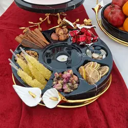 ظروف سنگی سرویس پذیرایی گل شیپوری سنگ مشکی شامل میوه شیرینی خوری سنگی سینی سنگی دمنوش اردو استند | ظروف سنگی آقای سنگی | هدیه تولد | خرید جهیزیه عروس