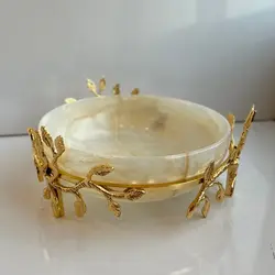 سرویس پذیرایی سنگی پایه برگ برنجی قابل سفارش با سه نوع رنگ سنگ میوه خوری سنگی شیرینی خوری سنگی آجیل خوری سنگی | ظروف سنگی آقای سنگی | هدیه تولد | جهیزیه عروس | کادویی