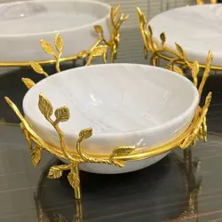 سرویس پذیرایی سنگی پایه برگ برنجی قابل سفارش با سه نوع رنگ سنگ میوه خوری سنگی شیرینی خوری سنگی آجیل خوری سنگی | ظروف سنگی آقای سنگی | هدیه تولد | جهیزیه عروس | کادویی