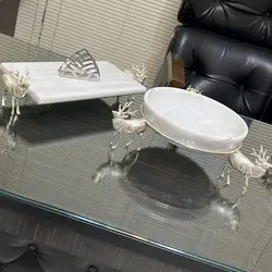 ظرف میوه خوری سنگی و شیرینی خوری سنگی گوزن برنجی با ظرف سنگی (ظرف سفید یا مشکی) | ظروف سنگی آقای سنگی | هدیه تولد | جهیزیه عروس | کادویی