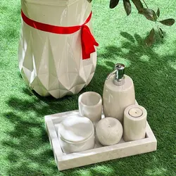 ست سرویس بهداشتی سنگی لوکس (جا مایع سنگی وارمر سنگی جاشمعی سنگی جامسواک سنگی جاعود سینی و باکس پنبه) | جهیزیه عروس | هدیه تولد | ظروف سنگی آقای سنگی