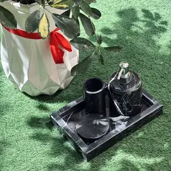 ست سرویس بهداشتی سنگی لوکس (جا مایع سنگی وارمر سنگی جاشمعی سنگی جامسواک سنگی جاعود سینی و باکس پنبه) | جهیزیه عروس | هدیه تولد | ظروف سنگی آقای سنگی