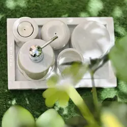 ست سرویس بهداشتی سنگی لوکس (جا مایع سنگی وارمر سنگی جاشمعی سنگی جامسواک سنگی جاعود سینی و باکس پنبه) | جهیزیه عروس | هدیه تولد | ظروف سنگی آقای سنگی