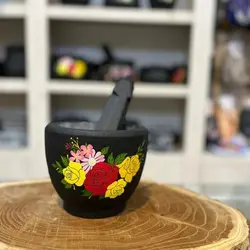 هاون سنگی متوسط با طرح گل رز سه رنگ | ظروف سنگی آقای سنگی | جهیزیه عروس | هدیه تولد