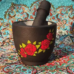 هاون سنگی متوسط طراحی شده طرح گلبرگ قرمز | ظروف سنگی آقای سنگی | جهیزیه عروس | هدیه تولد