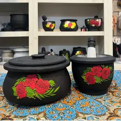 ست دیزی سنگی 4 نفره و هاونگ با طرح گل قرمز | دیگ سنگی | قابلمه سنگی جهیزیه | آقای سنگی | ظروف سنگی طب سنتی درمان کمخونی