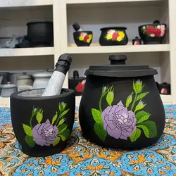 ست دیزی و هاون سنگی طراحی شده طرح گل بنفش | دیگ سنگی | قابلمه سنگی | ظروف سنگی آقای سنگی | هدیه تولد | جهیزیه | کادویی