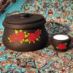 ست ظروف سنگی طراحی شده دیزی سنگی 4 نفره بهمراه نمک ساب متوسط طرح گل رز | قابلمه سنگی | هاون سنگی | دیگ سنگی آقای سنگی