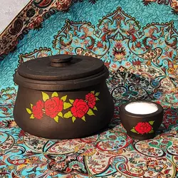 ست ظروف سنگی طراحی شده دیزی سنگی 4 نفره بهمراه نمک ساب متوسط طرح گل رز | قابلمه سنگی | هاون سنگی | دیگ سنگی آقای سنگی