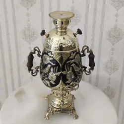 سماور زغالی برنجی مدل گل و مرغ قلم دست کد ۱۲۰۹