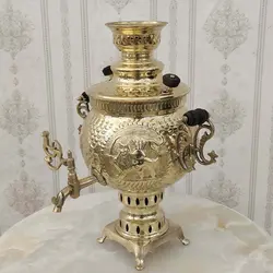 سماور زغالی برنجی ۶ لیتری شیر و خورشید طلایی کد ۱۲۱۱