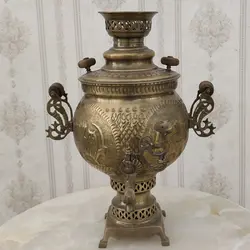 سماور زغالی برنجی ۶ لیتری شیر و خورشید آنتیک کد ۱۲۱۲