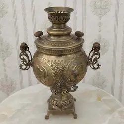 سماور زغالی برنجی ۶ لیتری شیر و خورشید آنتیک کد ۱۲۱۲