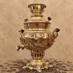 سماور ذغالی برنجی ۴ لیتری هخامنش قلم زرد کد ۱۱۵۷