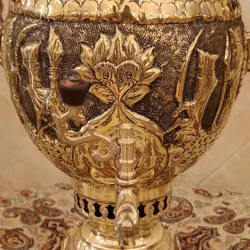 سماور ذغالی برنجی ۶ لیتری قلم دست هخامنش زرد کد ۱۲۰۴