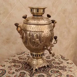 سماور ذغالی برنجی ۶ لیتری قلم دست هخامنش آنتیک کد ۱۲۰۵