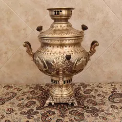سماور ذغالی برنجی شیر و خورشید آنتیک ۸ لیتری کد ۱۲۵۵