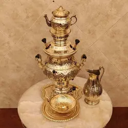 سماور برنجی گازی ۸ لیتری هخامنش با سرویس