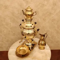 سماور برنجی گازی ۸ لیتری ساده زرد با سرویس کد ۱۳۵۱s