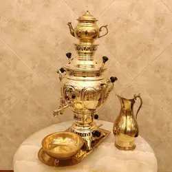 سماور برنجی گازی ۸ لیتری ساده زرد با سرویس کد ۱۳۵۱s