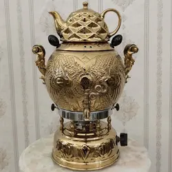 سماور گازی برنجی ترموکوپل دار ۶ لیتری مدل طاووس با قوری کد ۱۳۶۳