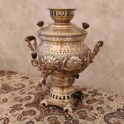 سماور برنجی گازی شیر و خورشید ۸ لیتری آنتیک کد ۱۳۵۴