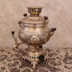 سماور برنجی گازی شیر و خورشید ۸ لیتری آنتیک کد ۱۳۵۴