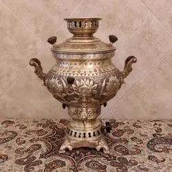 سماور برنجی گازی شیر و خورشید ۸ لیتری آنتیک کد ۱۳۵۴