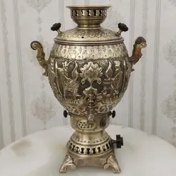 سماور گازی برنجی ۶ لیتری قلم دست برجسته هخامنش آنتیک کد ۱۳۰۲
