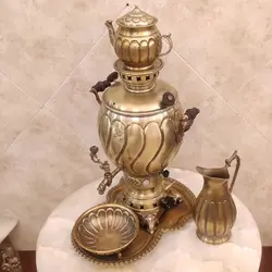سماور برنجی گازی ۶ لیتری آنتیک با سرویس کد ۱۳۰۱s