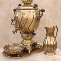 سماور برنجی گازی ۶ لیتری آنتیک با سرویس کد ۱۳۰۱s