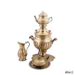 سرویس سماور ذغالی برنجی 5 پارچه مدل خطی چکش کاری