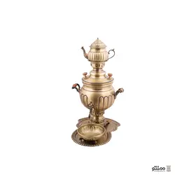سرویس سماور ذغالی برنجی 5 پارچه مدل خطی چکش کاری