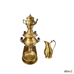 سرویس سماور ذغالی برنجی 5 پارچه مدل خطی قلم زنی