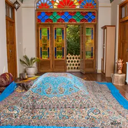 لحاف کرسی دست دوز ترمه طرح نسترن رنگ آبی