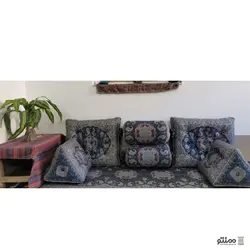 پشتی سنتی شاه نشین ترمه طرح نیلوفر– ست ۷ تکه سرمه ای