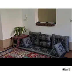 پشتی سنتی شاه نشین ترمه طرح نیلوفر– ست ۷ تکه سرمه ای