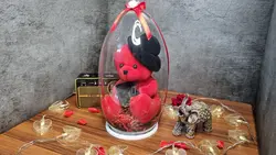 عروسک خرس قرمز کلاه دار خارجی با باکس شیشه ای - فروشگاه اینترنتی پزبده